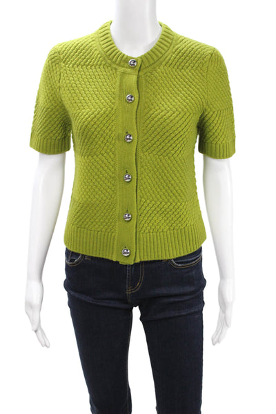 Toccin Women Cardigan Green Geometric Crewneck Button Short Sleeve Size XS