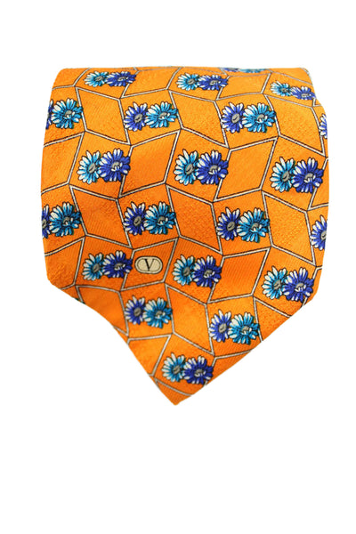 Valentino Cravatte Mens Silk Floral Print Classic Necktie Orange