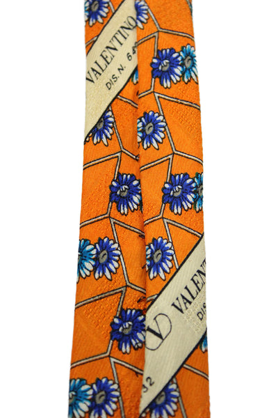 Valentino Cravatte Mens Silk Floral Print Classic Necktie Orange