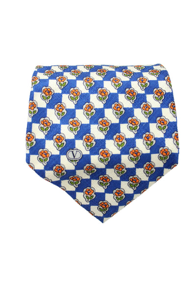 Valentino Mens Silk Floral + Checkered Classic Necktie Navy
