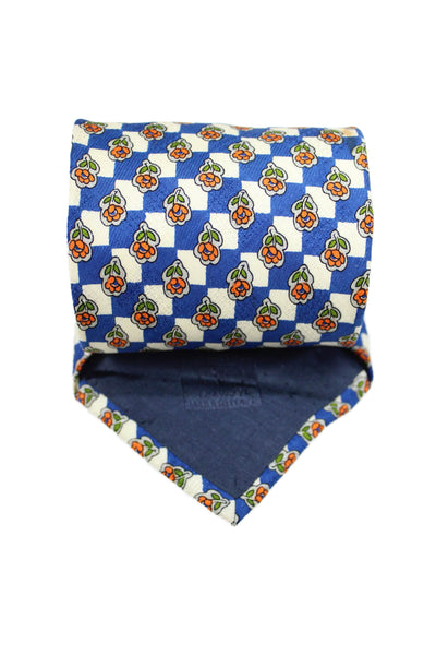 Valentino Mens Silk Floral + Checkered Classic Necktie Navy