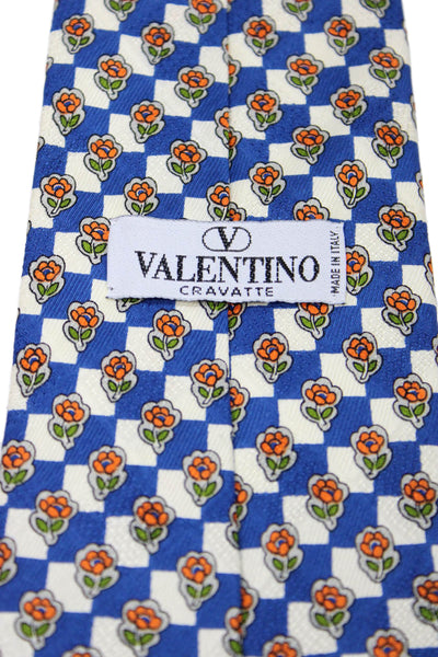 Valentino Mens Silk Floral + Checkered Classic Necktie Navy