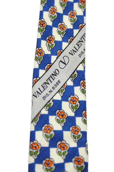 Valentino Mens Silk Floral + Checkered Classic Necktie Navy