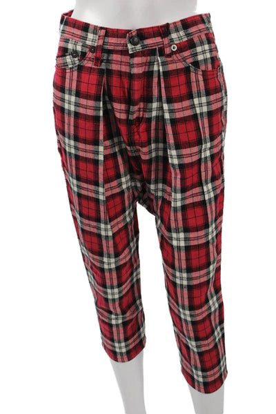 R13 Women Capri Harem Red Plaid Denim Button Leather Patch Size 24