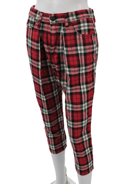 R13 Women Capri Harem Red Plaid Denim Button Leather Patch Size 24