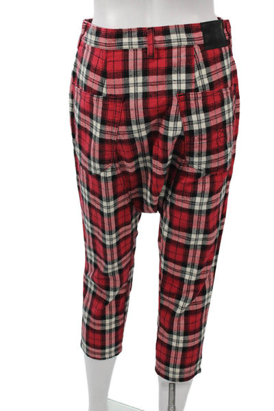 R13 Women Capri Harem Red Plaid Denim Button Leather Patch Size 24