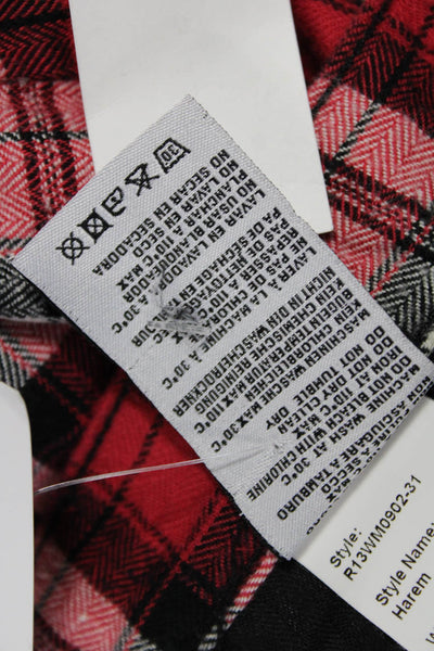 R13 Women Capri Harem Red Plaid Denim Button Leather Patch Size 24