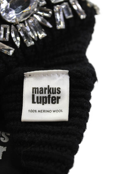 Markus Lupfer Womens Wool Knit Embellished Beanie Hat Black Size OS