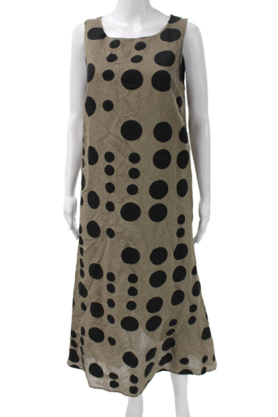 Samuel Dong Women Shift Tank Dress Beige Polka Dot Midi Sleeveless Size XS