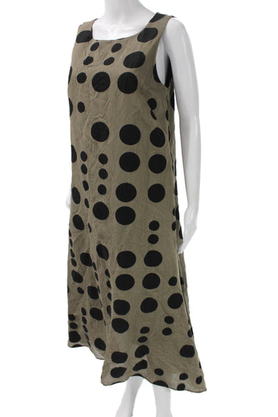 Samuel Dong Women Shift Tank Dress Beige Polka Dot Midi Sleeveless Size XS