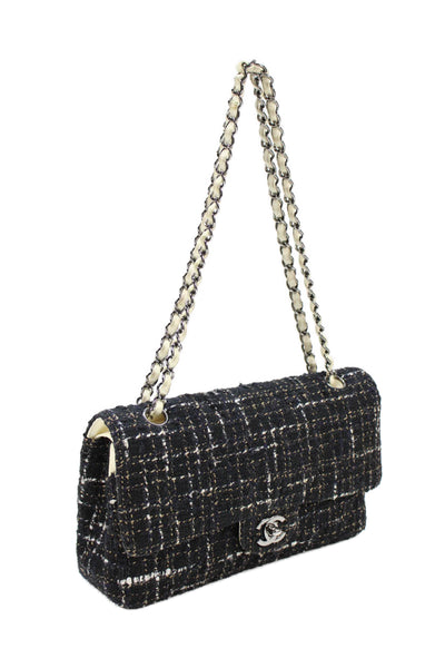 Chanel Womens Tweed Double Flap Chain Strap Shoulder Black