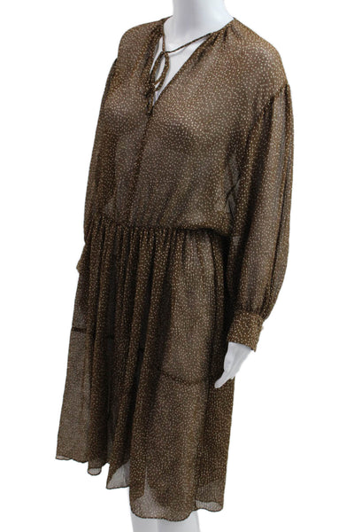 Vince Women Blouson Shirt Dress Brown Polka Dot Long Sleeve Size 2XS