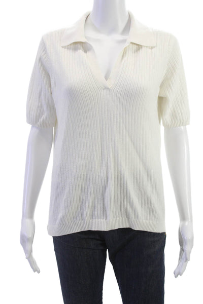 Minnie Rose Womens Striped Collared Polo Short Sleeve Cotton Cashmere Size M