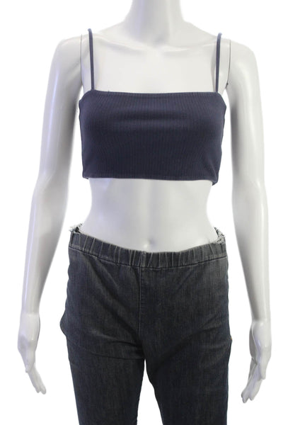 Privacy Please Womens Spaghetti Strap Square Neck Ribbed Sports Bra Navy Small