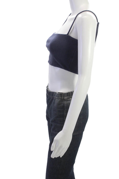 Privacy Please Womens Spaghetti Strap Square Neck Ribbed Sports Bra Navy Small