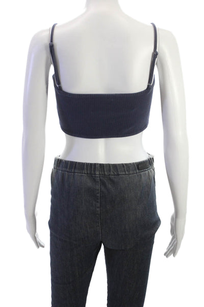 Privacy Please Womens Spaghetti Strap Square Neck Ribbed Sports Bra Navy Small