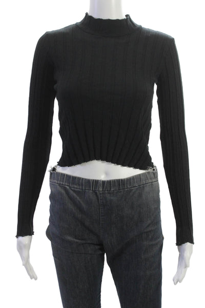Zara Womens Cropped Mock Neck Striped Long Sleeve Top Black Size S