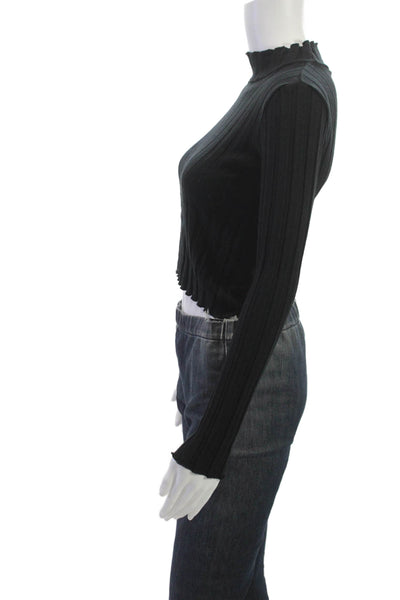 Zara Womens Cropped Mock Neck Striped Long Sleeve Top Black Size S