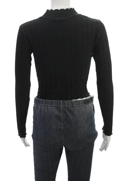 Zara Womens Cropped Mock Neck Striped Long Sleeve Top Black Size S