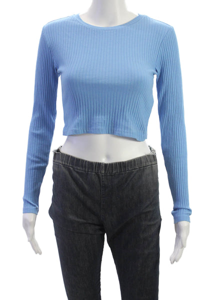 Zara Womens Cropped Striped Blue Crew Neck Long Sleeve T-Shirt Size S