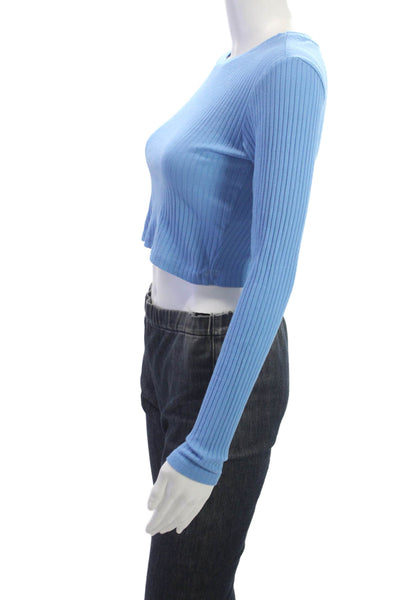 Zara Womens Cropped Striped Blue Crew Neck Long Sleeve T-Shirt Size S