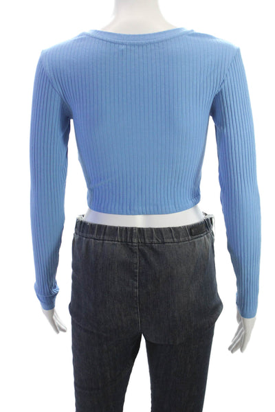 Zara Womens Cropped Striped Blue Crew Neck Long Sleeve T-Shirt Size S