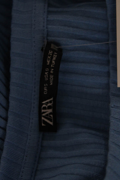 Zara Womens Cropped Striped Blue Crew Neck Long Sleeve T-Shirt Size S