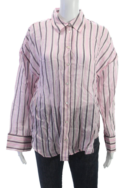 MNG Women Pink Striped Collared Button-Up Top Ramie Long Sleeve Size 4