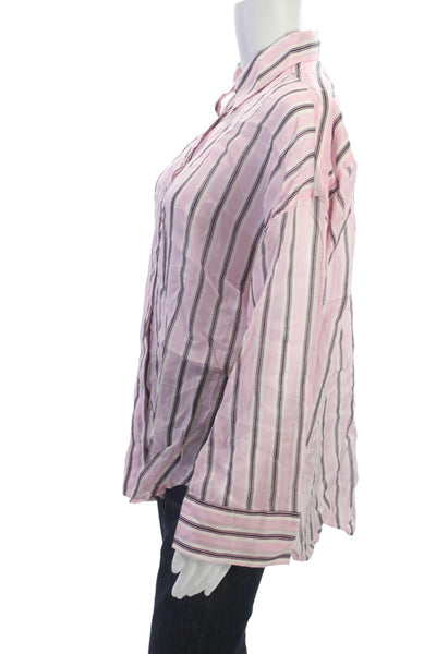 MNG Women Pink Striped Collared Button-Up Top Ramie Long Sleeve Size 4