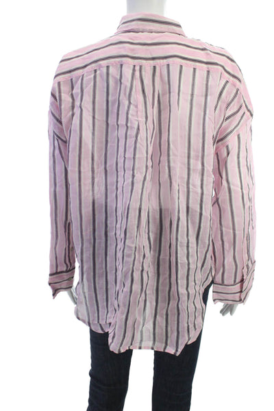 MNG Women Pink Striped Collared Button-Up Top Ramie Long Sleeve Size 4