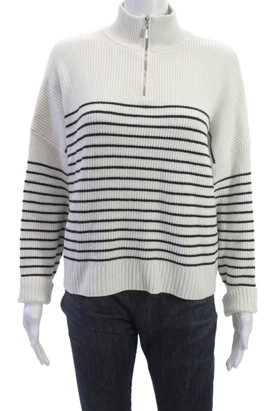 MNG Women Pullover Sweater Striped High Neck Zip Long Sleeve White Size S