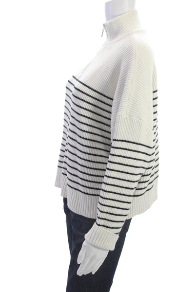 MNG Women Pullover Sweater Striped High Neck Zip Long Sleeve White Size S