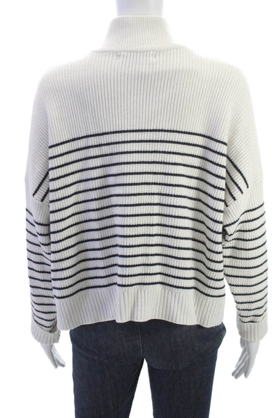 MNG Women Pullover Sweater Striped High Neck Zip Long Sleeve White Size S