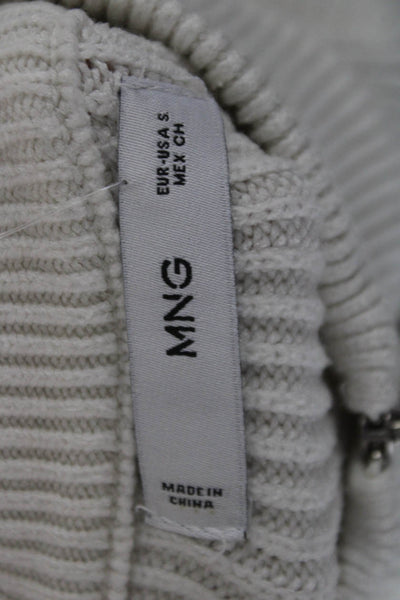 MNG Women Pullover Sweater Striped High Neck Zip Long Sleeve White Size S