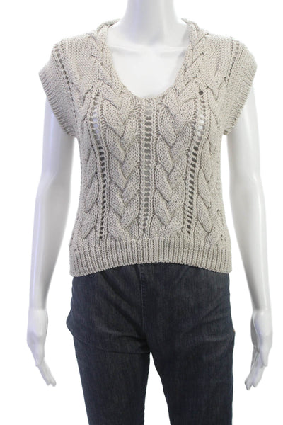 D. Exterior Women Pullover V Neck Short Sleeve Beige Metallic Sweater Size XS