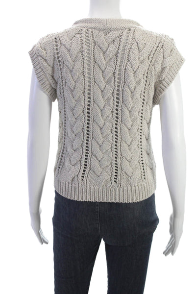 D. Exterior Women Pullover V Neck Short Sleeve Beige Metallic Sweater Size XS