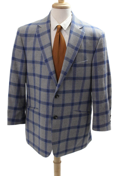 Paul Fredrick Mens Gray Plaid Wool Sport Coat Button Long Sleeve Size 46