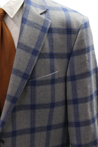 Paul Fredrick Mens Gray Plaid Wool Sport Coat Button Long Sleeve Size 46