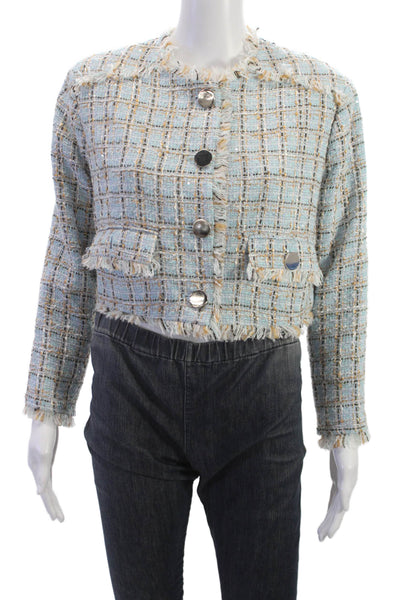 Toccin Womens Blazer Light Blue Check Lurex Button Long Sleeve Crewneck Size 2