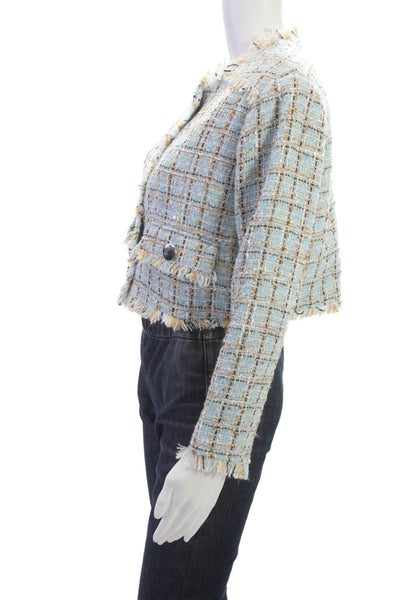 Toccin Womens Blazer Light Blue Check Lurex Button Long Sleeve Crewneck Size 2