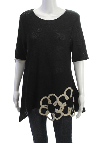 Jaskar Women Tunic Black Floral Linen Cotton Short Sleeve Round Neck Size M