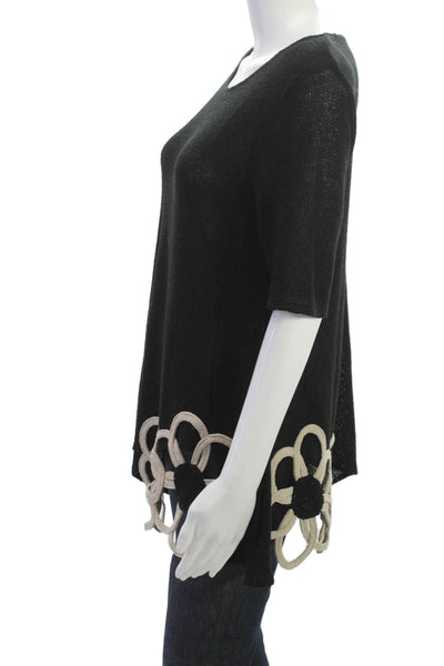 Jaskar Women Tunic Black Floral Linen Cotton Short Sleeve Round Neck Size M