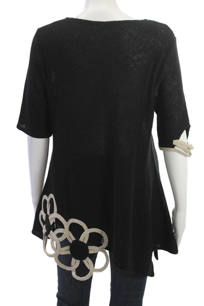 Jaskar Women Tunic Black Floral Linen Cotton Short Sleeve Round Neck Size M
