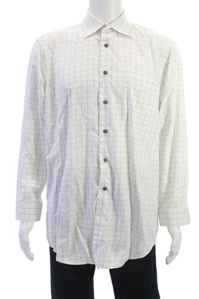 Paul Fredrick Mens Point Collar White Check Dress Shirt Long Sleeve Size 16