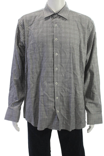 Bugatchi Mens Plaid Point Collar Button Up Dress Shirt Black Cotton Size XL
