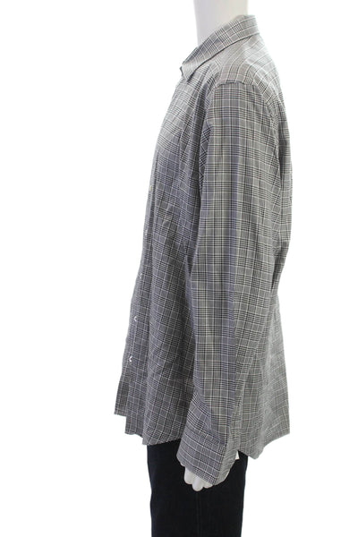 Bugatchi Mens Plaid Point Collar Button Up Dress Shirt Black Cotton Size XL