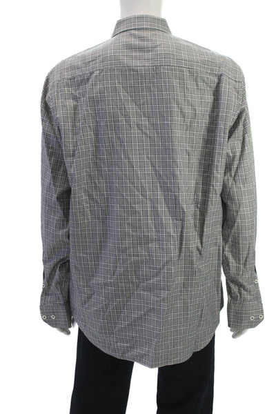 Bugatchi Mens Plaid Point Collar Button Up Dress Shirt Black Cotton Size XL