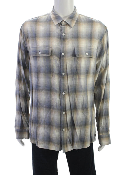 Vince Mens Plaid Classic Fit Button Down Short Blue Beige Size Extra Large