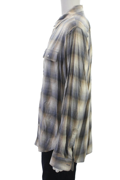 Vince Mens Plaid Classic Fit Button Down Short Blue Beige Size Extra Large