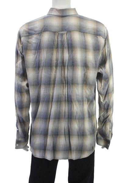 Vince Mens Plaid Classic Fit Button Down Short Blue Beige Size Extra Large